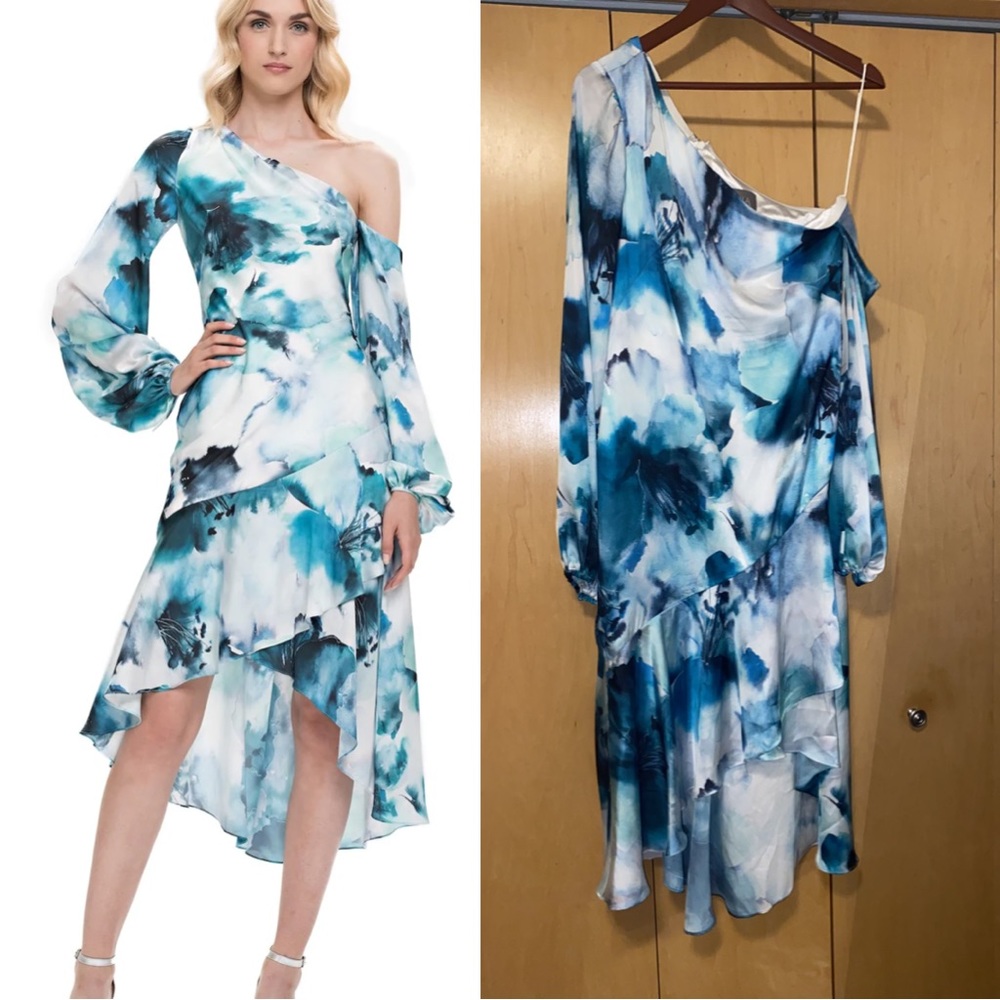 Theia One-Shoulder Draped Watercolor Hibiscus Dress